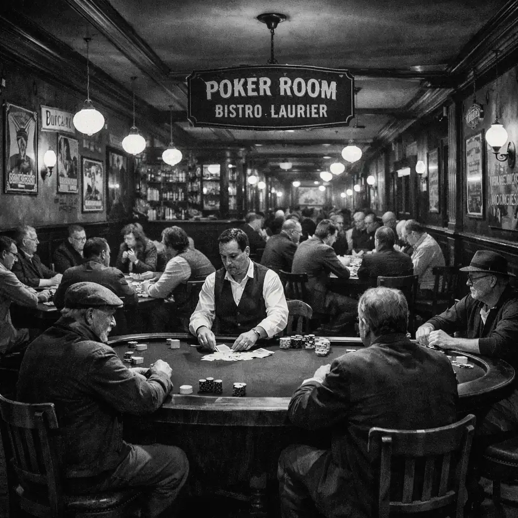 Vue d'ensemble de la Poker Room du Bistro Laurier avec plusieurs tables de poker, joueurs et décor de bistrot français