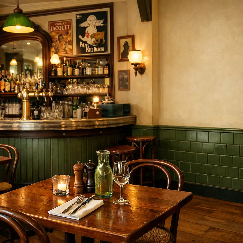 Intérieur chaleureux d’un bistrot parisien avec tables en bois, comptoir en zinc et décoration vintage