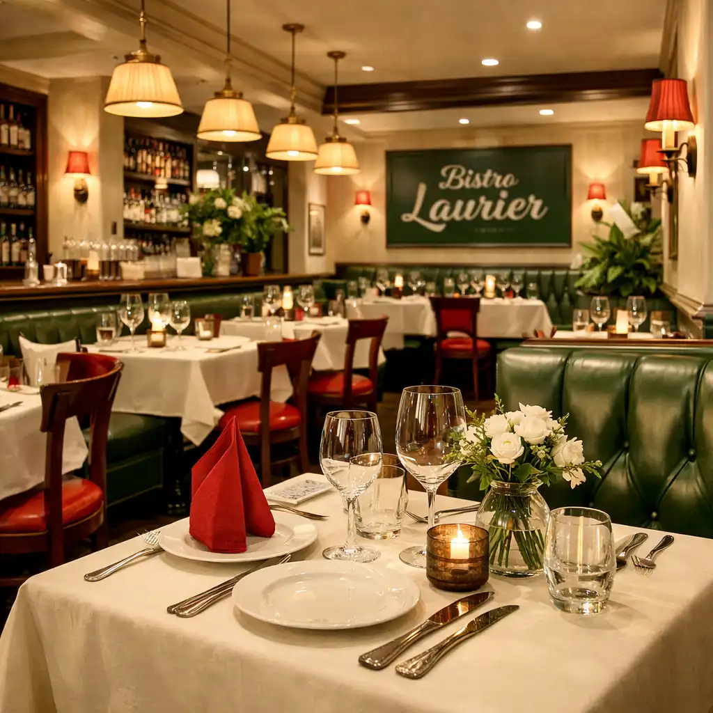 Vue d’ensemble de la salle du Bistro Laurier avec tables dressées, banquettes en cuir et éclairage tamisé