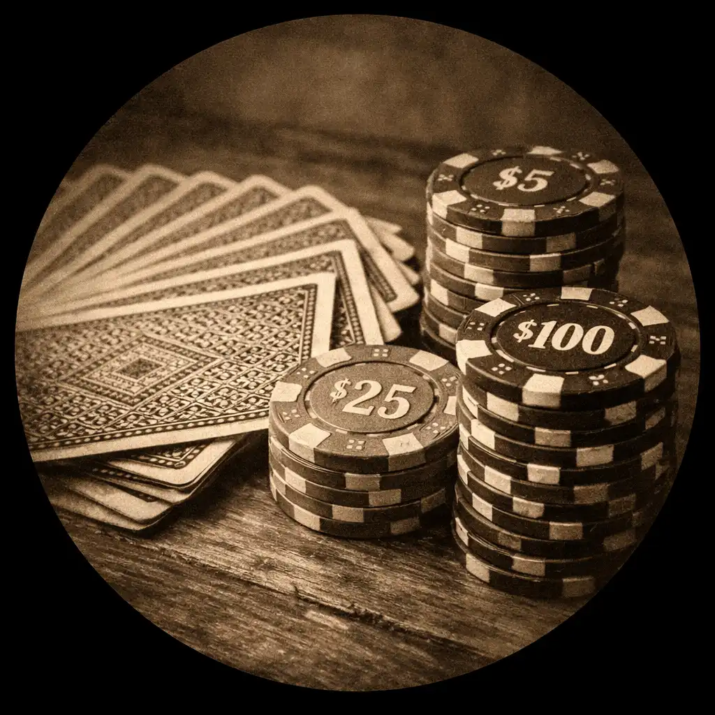 Cartes à jouer et jetons de poker disposés artistiquement sur une table en bois avec une branche de laurier