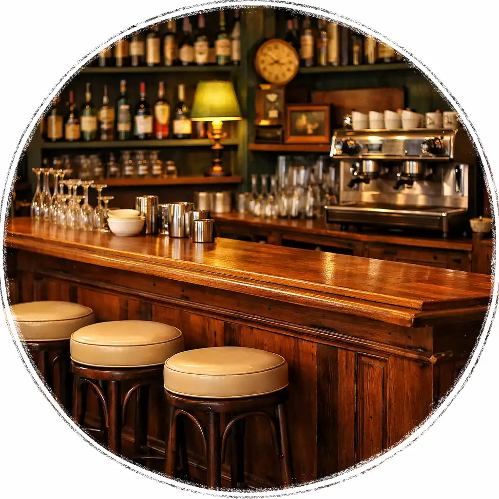 Comptoir en bois massif du Bistro Laurier avec tabourets hauts et étagères vintage