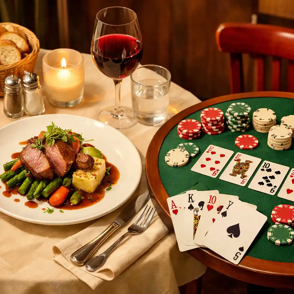 Table de bistrot dressée avec un plat gastronomique et une petite table de poker à côté