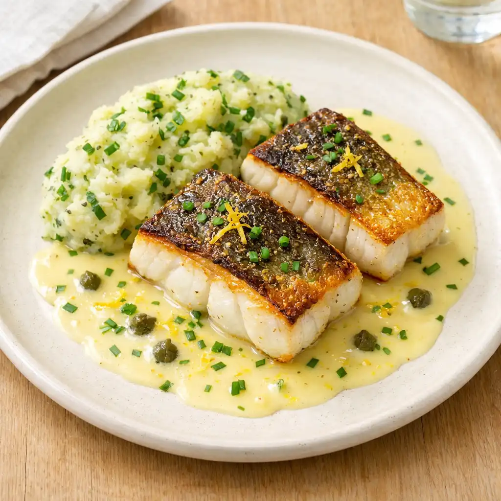 Dos de cabillaud rôti, beurre blanc citronné et écrasé de pommes de terre aux herbes