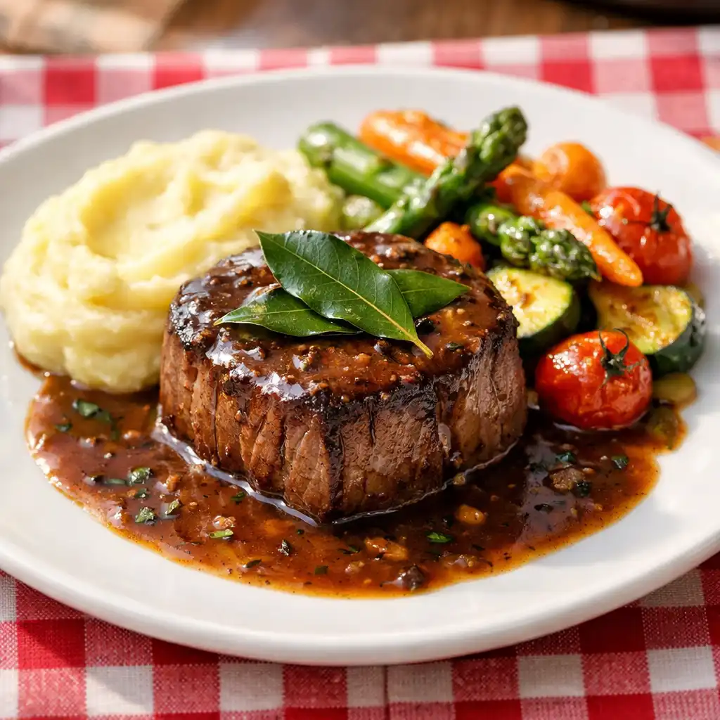 Filet de bœuf laurier avec sauce au laurier, légumes de saison et purée maison