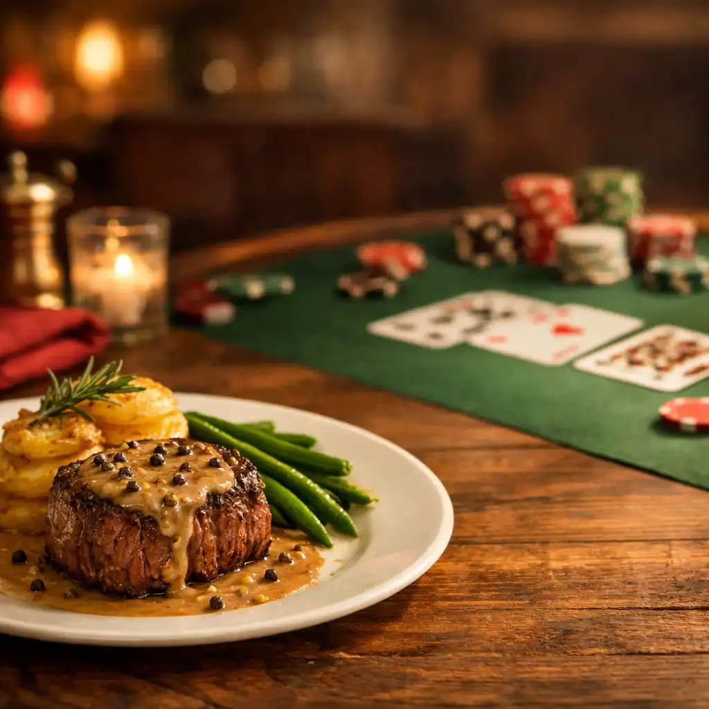 Plat français élégant posé sur une table en bois rustique, avec une table de poker floutée en arrière-plan