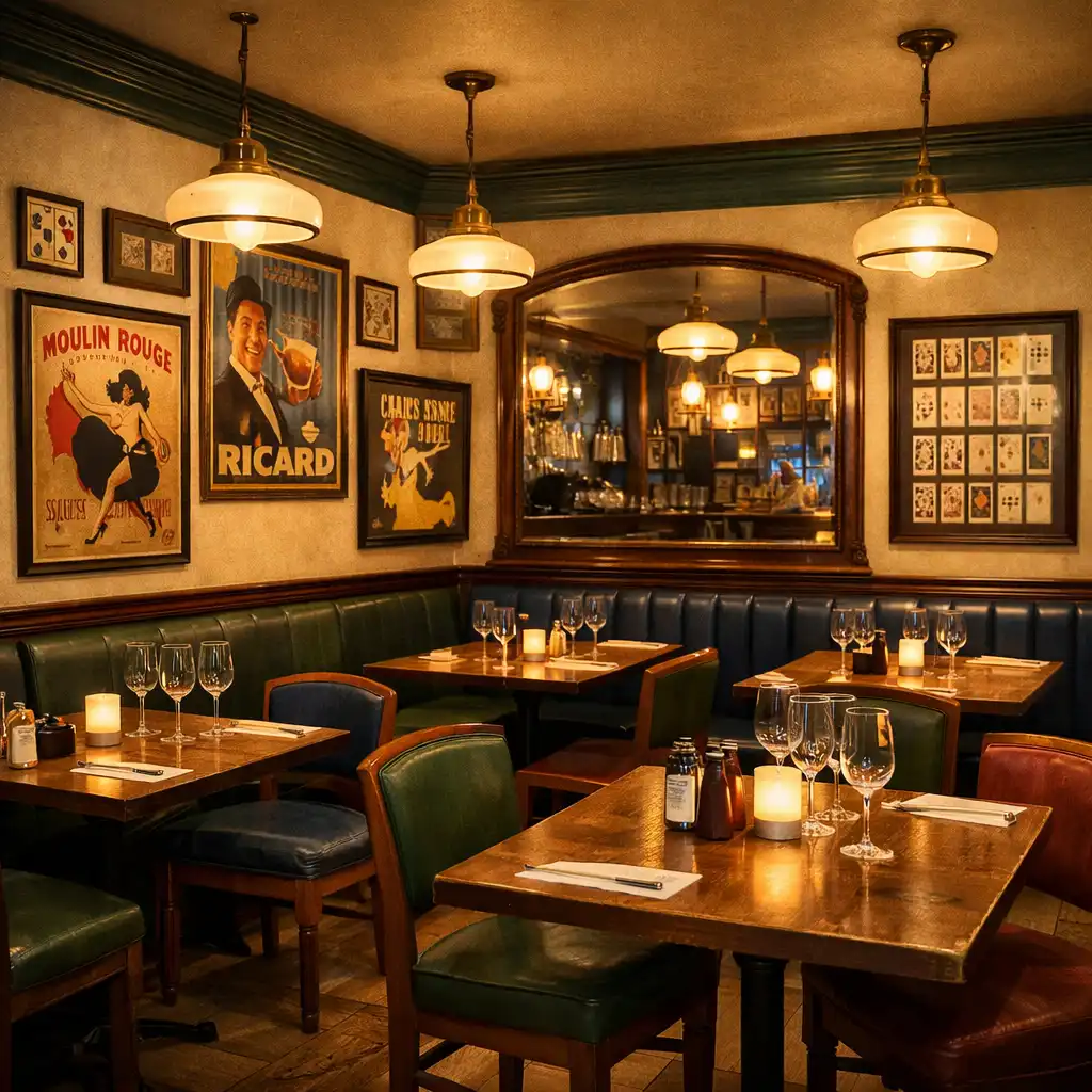 Vue intérieure du Bistro Laurier avec tables en bois, chaises confortables et décoration vintage