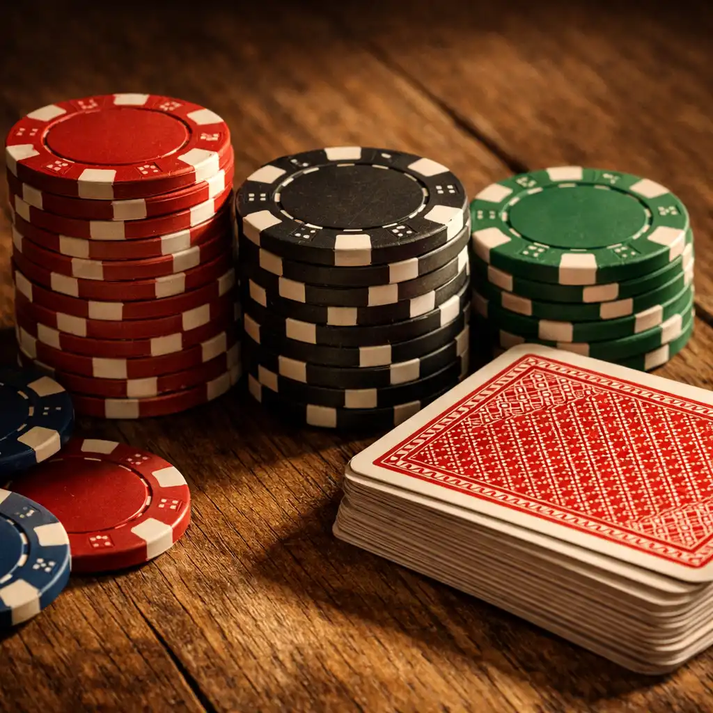 Jetons de poker et cartes à jouer sur une table en bois