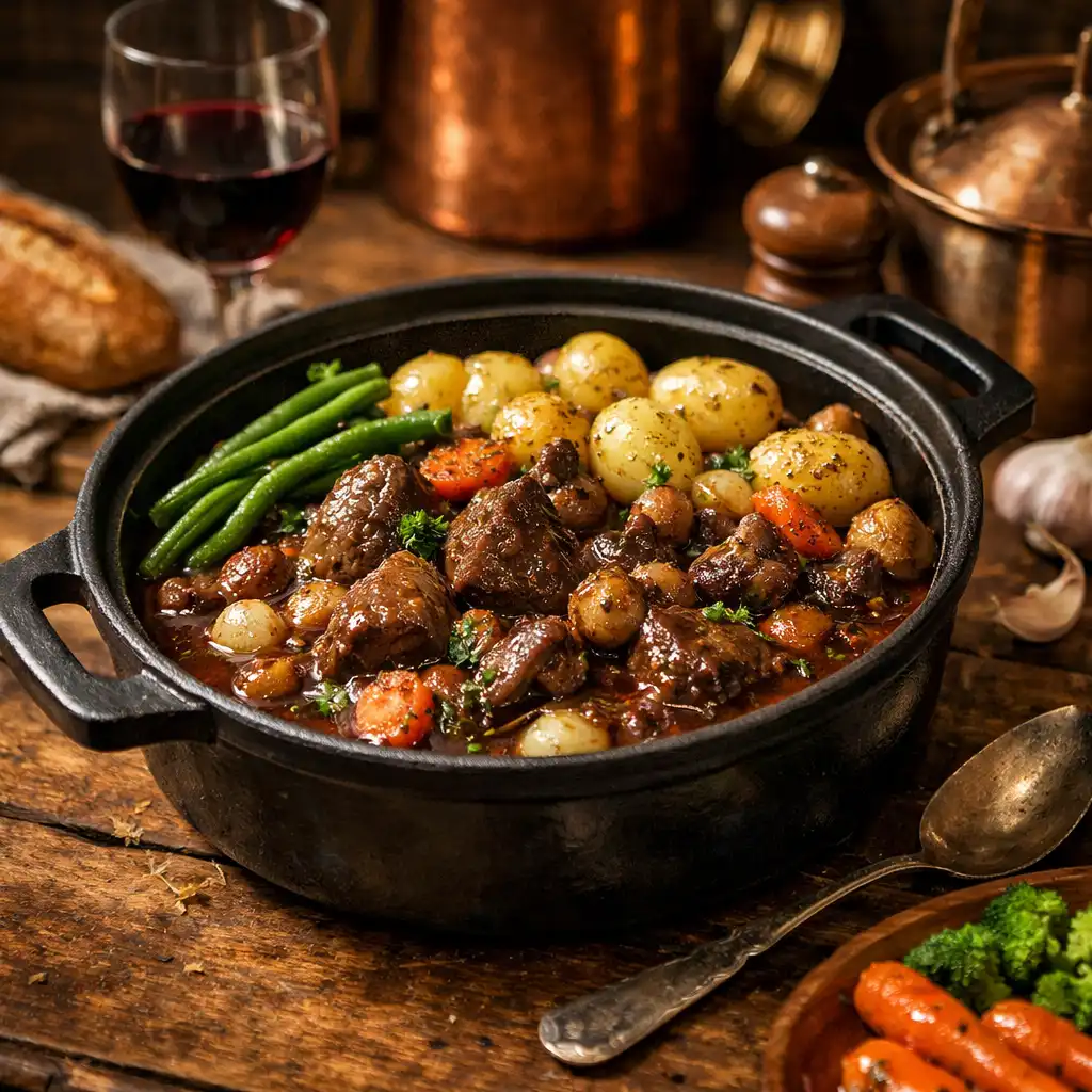 Plat principal du Bistro Laurier, bœuf bourguignon servi en cocotte