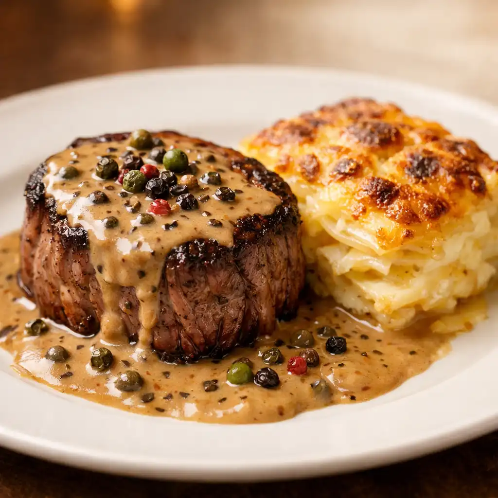 Filet de bœuf sauce au poivre avec gratin dauphinois