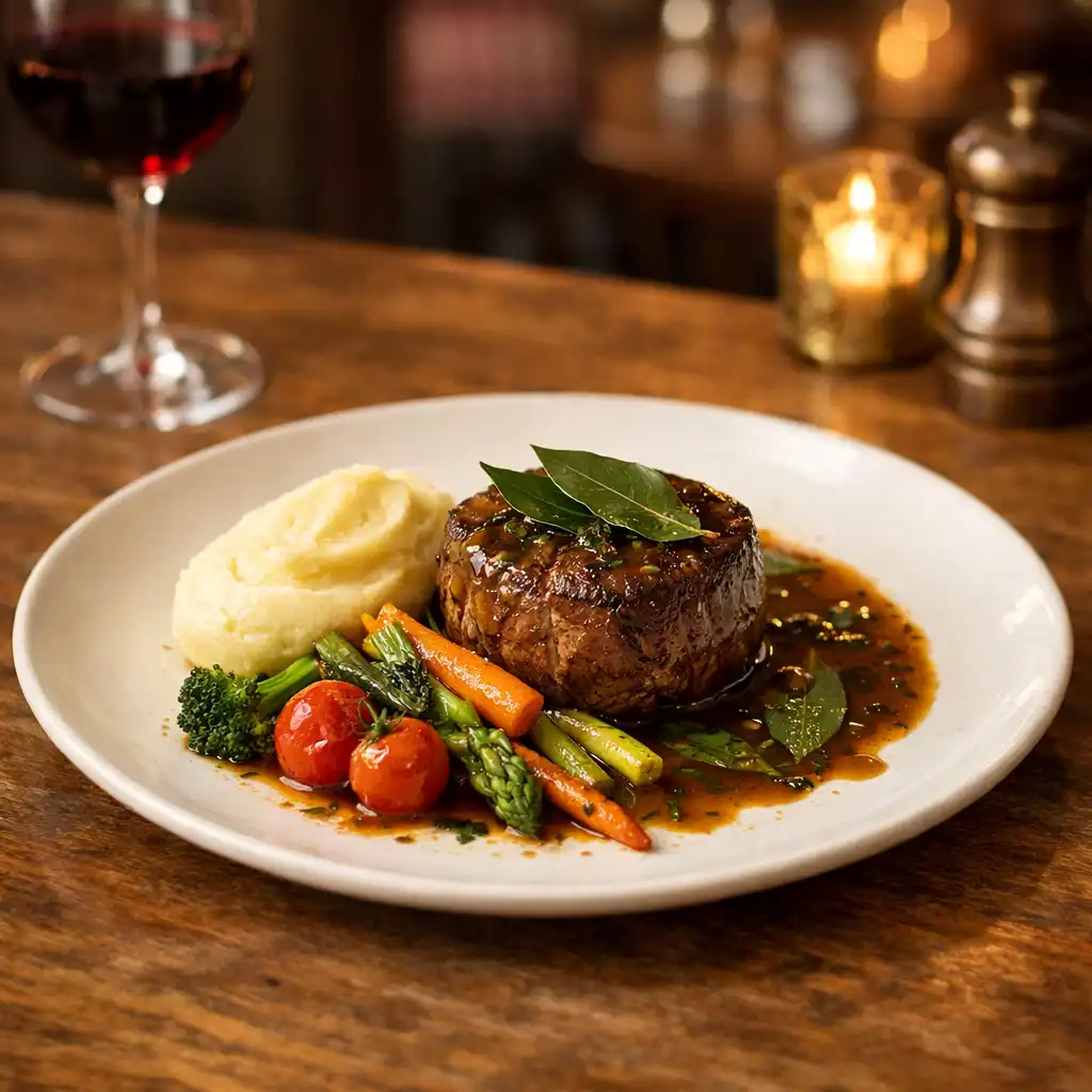 Plat signature du Bistro Laurier : filet de bœuf laurier avec légumes de saison et purée maison