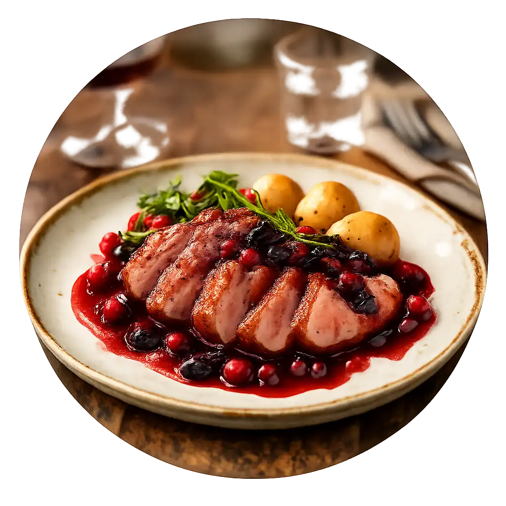 Plat signature du Bistro Laurier, magret de canard rôti avec sauce aux fruits rouges
