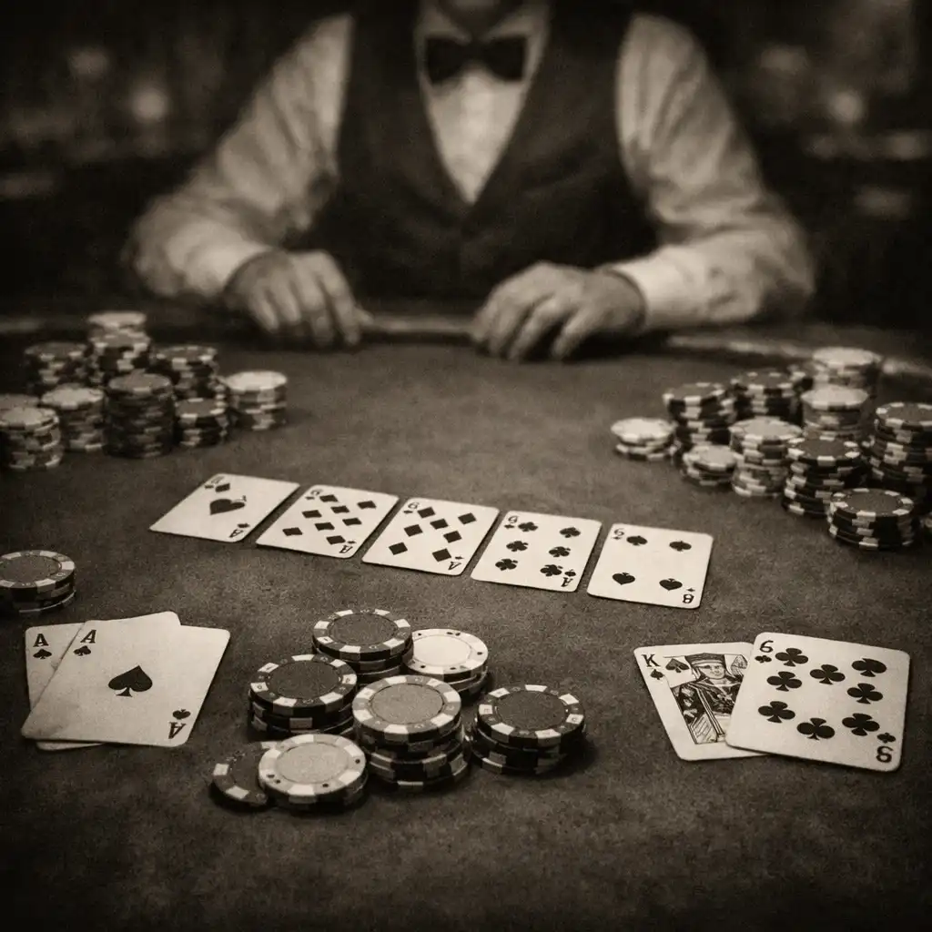 Table de poker en feutre vert avec cartes à jouer et jetons de différentes couleurs