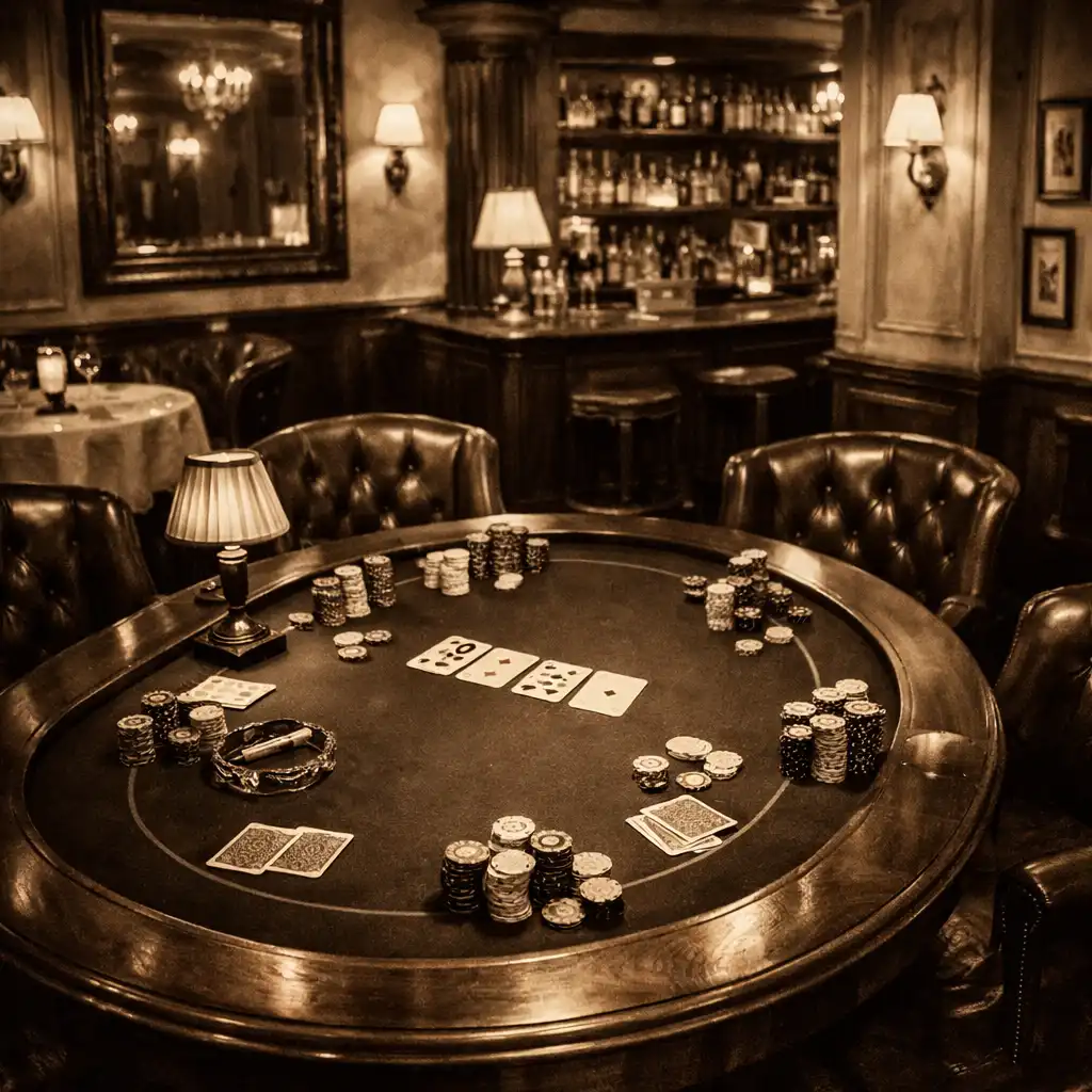 Vue d'ensemble de la Poker Room du Bistro Laurier avec tables de poker en bois, feutre vert et éclairage suspendu