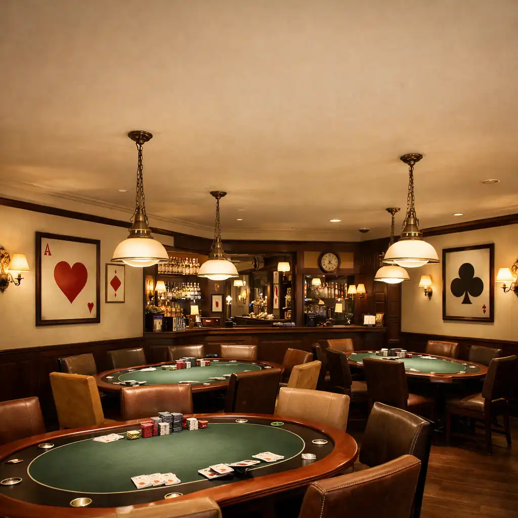 Intérieur élégant de la Poker Room du Bistro Laurier avec tables de poker en bois sombre et éclairage tamisé