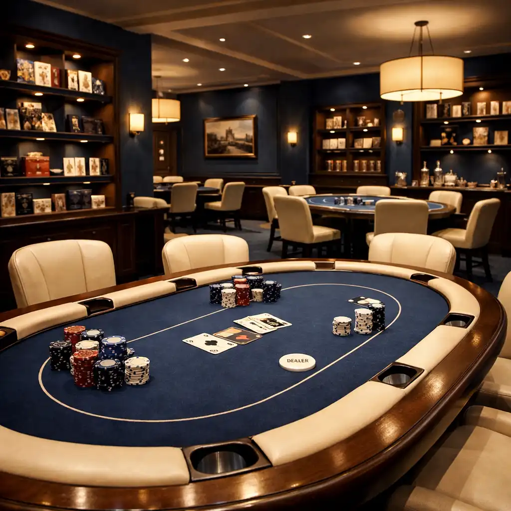 Vue d’une Poker Room élégante avec plusieurs tables de poker en feutre et éclairage tamisé