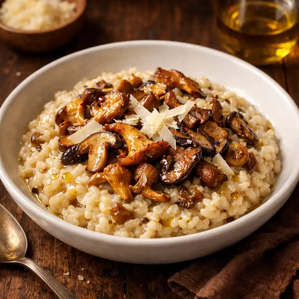 Risotto crémeux aux champignons des bois, parmesan affiné et huile de truffe