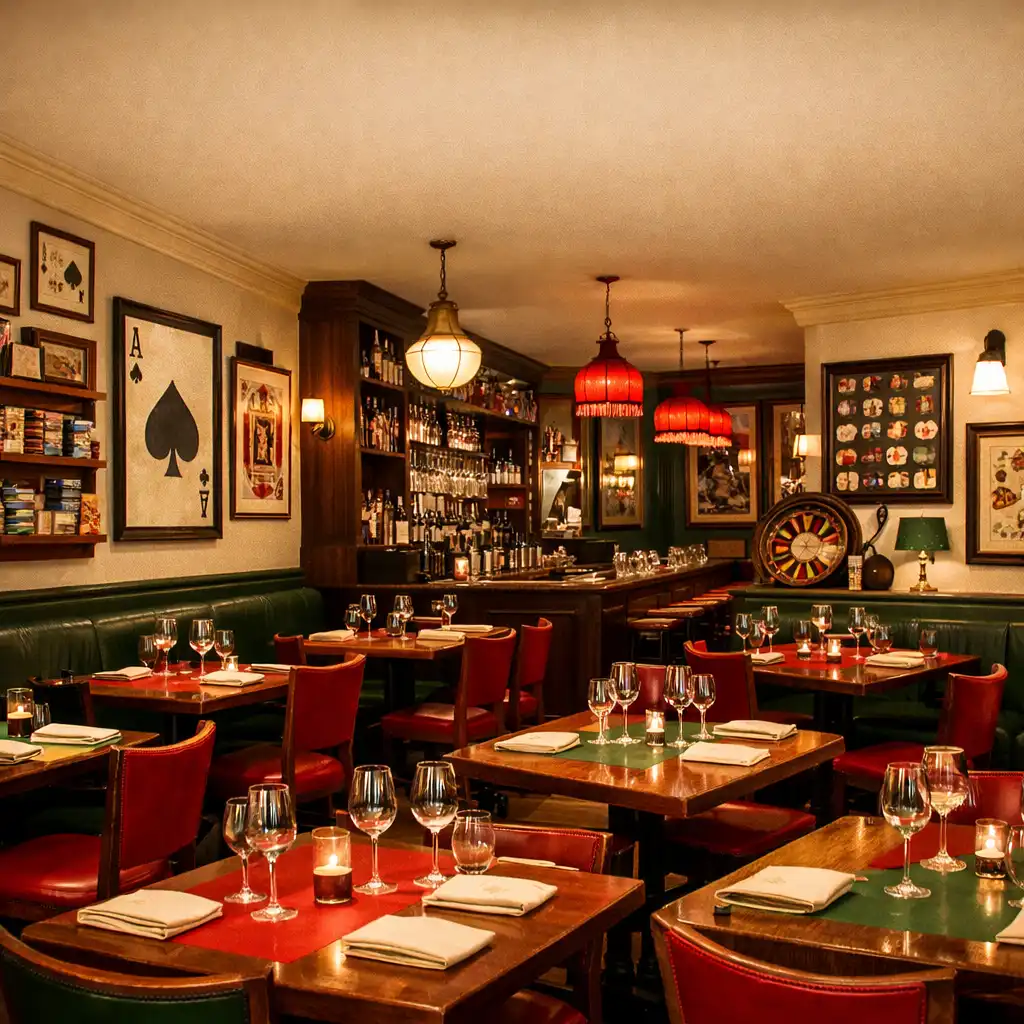Salle principale du Bistro Laurier avec tables, chaises et éléments de décoration poker