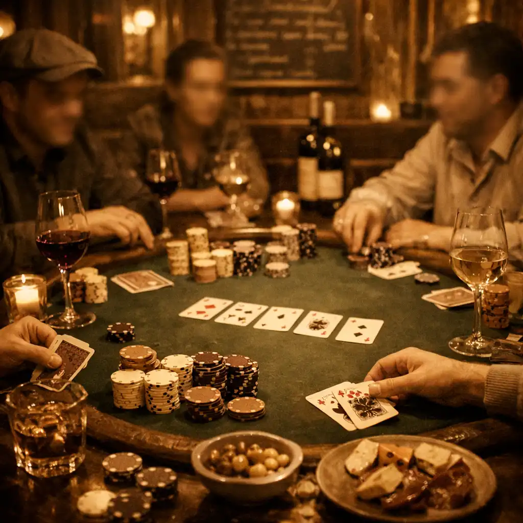 Ambiance d’une soirée poker dans un bistrot avec table de poker, verres de vin, cartes et jetons
