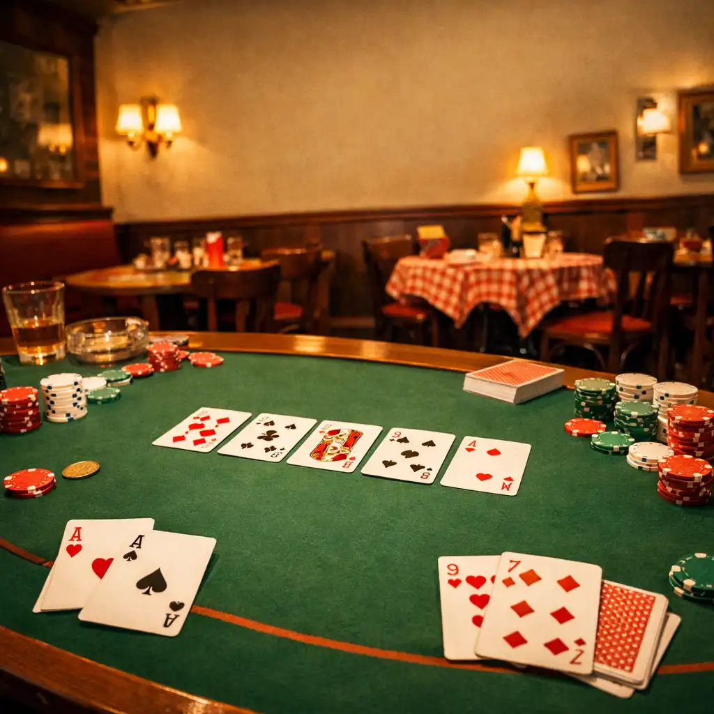 Table de poker en feutre vert avec cartes et jetons dans un bistrot chaleureux