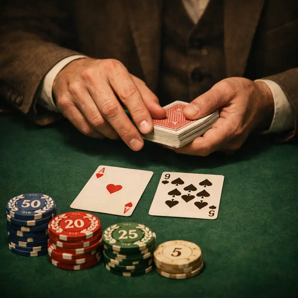 Gros plan sur une table de poker avec tapis feutré, cartes et jetons en argile