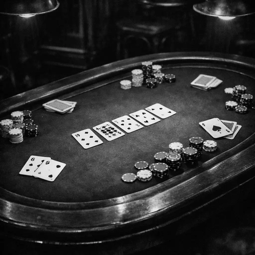 Table de poker ovale en bois sombre avec tapis vert, cartes et jetons dans la Poker Room du Bistro Laurier