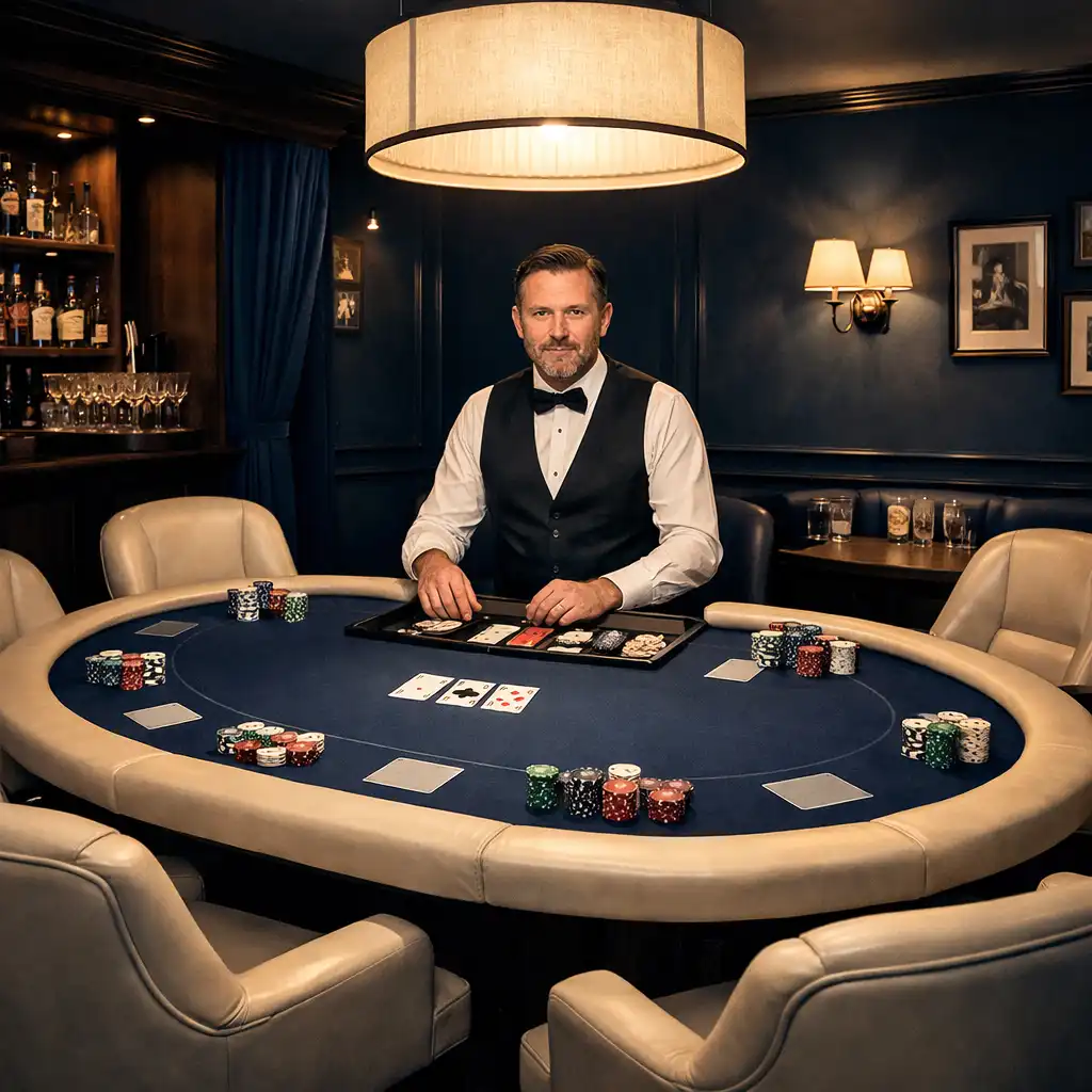 Table de poker privée dans un espace réservé avec un croupier professionnel et des sièges confortables