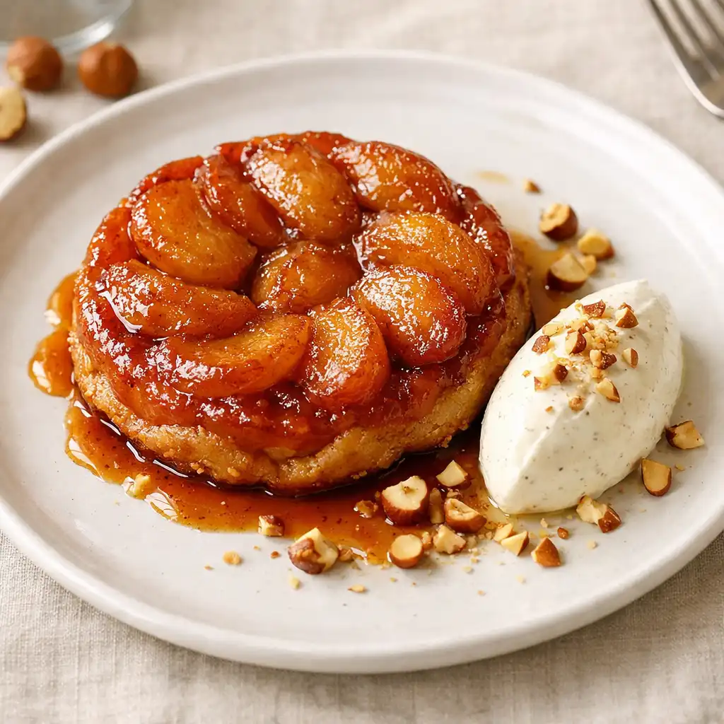 Tarte Tatin revisitée aux pommes caramélisées, crème fraîche vanillée et éclats de noisettes