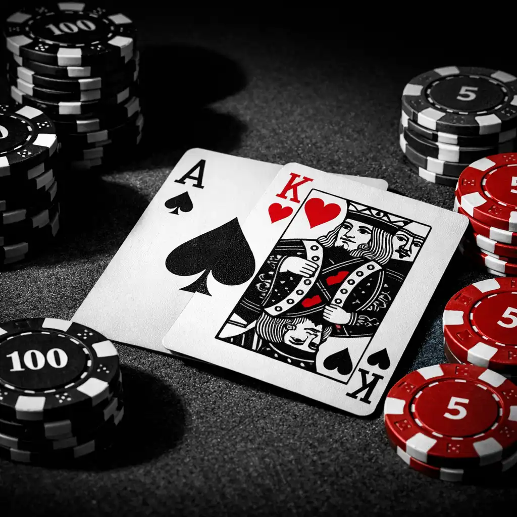 Gros plan sur des cartes à jouer Texas Hold’em et des jetons de poker sur une table en feutre vert