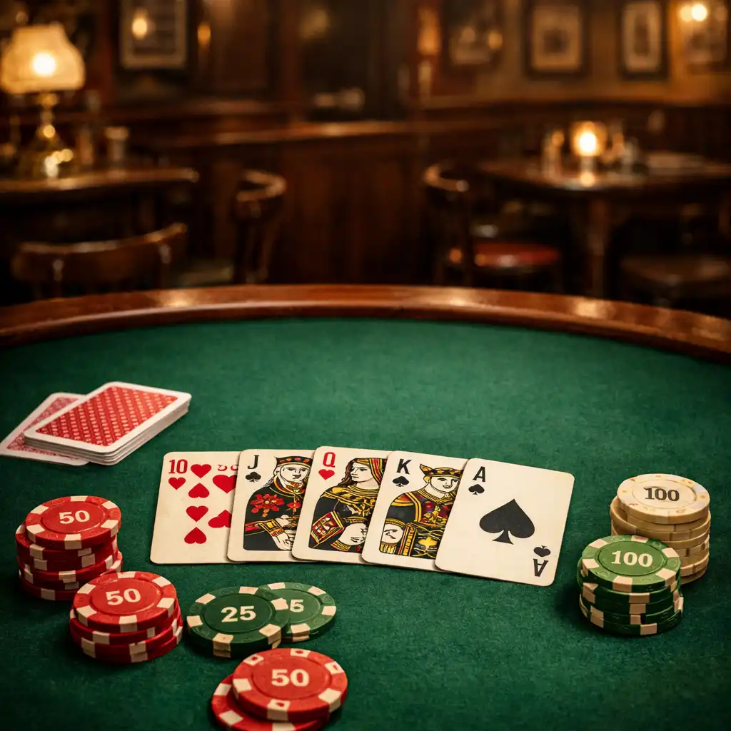 Table de poker en feutre vert avec cartes et jetons dans une salle de bistrot parisien chaleureuse